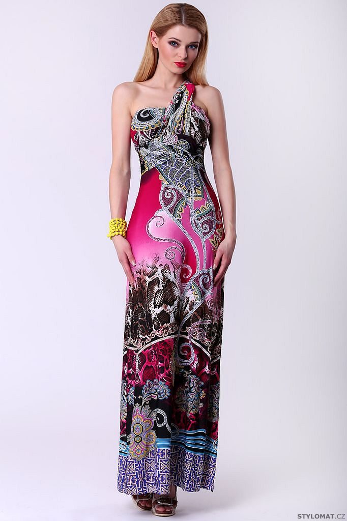 Dlouhé dámské šaty s etno vzorem - růžové - F&Girl - Krátké letní šaty