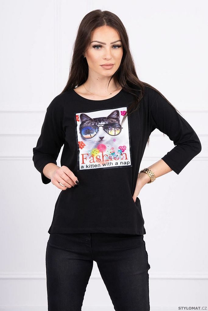 Tričko 3D grafiky kočky, černá - Kesi - Trička s dlouhým rukávem