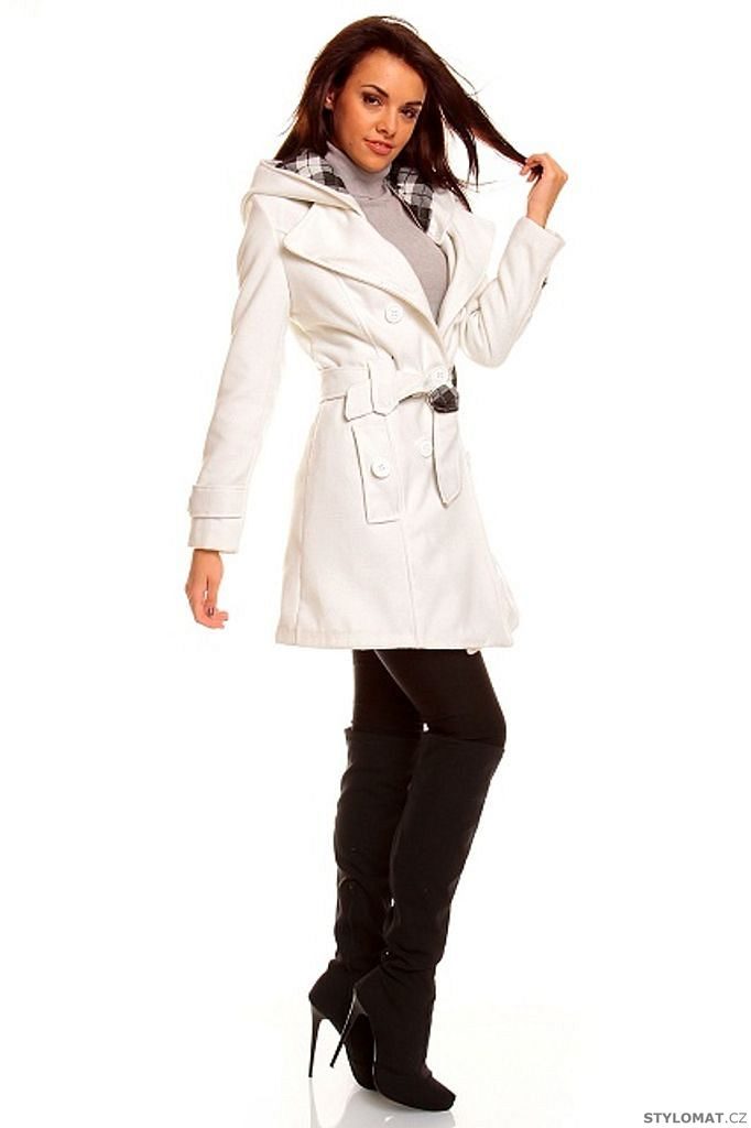 Módní dámský krémově bílý vlněný kabát s kapucí - Redial - Kabáty a kabátky