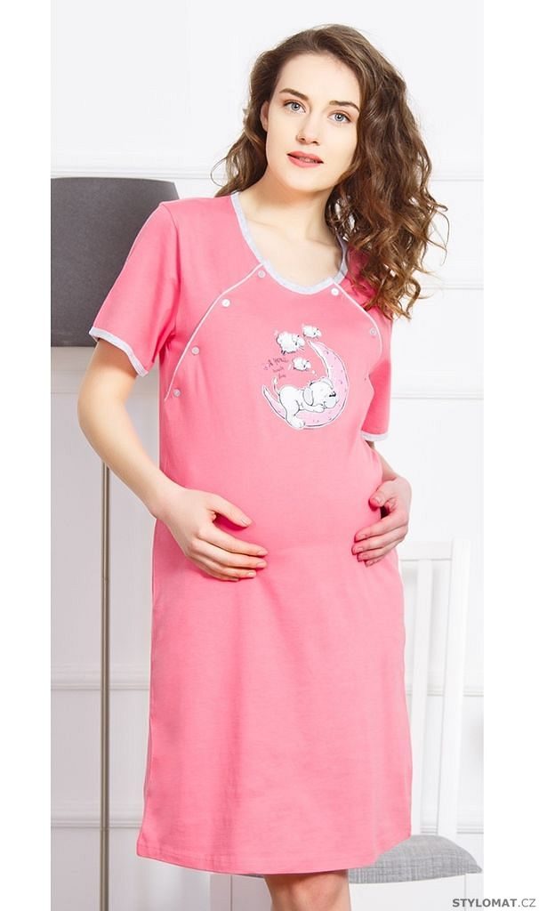 Dámská noční košile mateřská s krátkým rukávem Štěně na měsíci barva  lososová - Vienetta - Pro těhotné