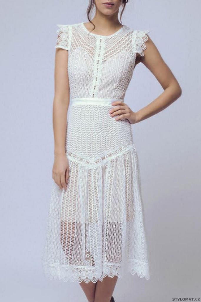 Bílé midi šaty s jemnou krajkou - Soky&Soka - Krátké společenské šaty