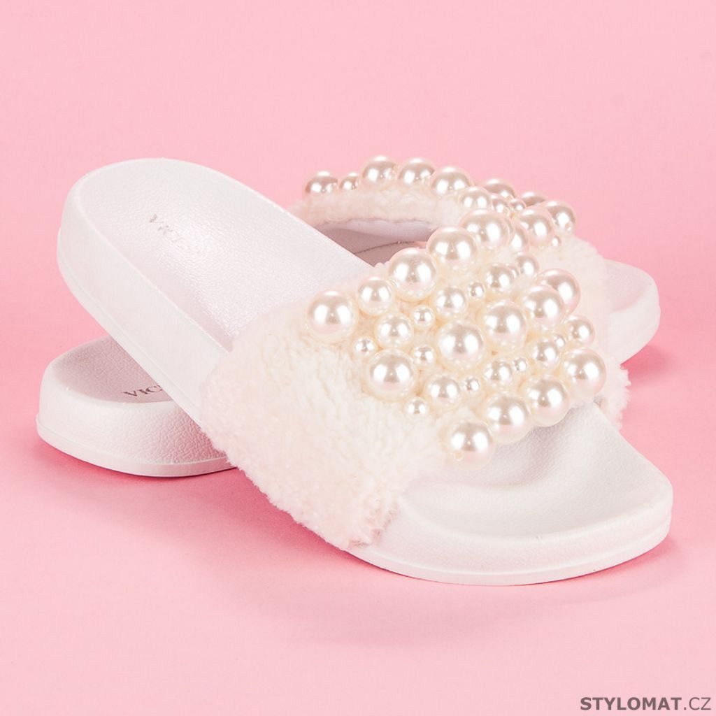 Pantofle s perličkami bílé - VICES - Pantofle a žabky