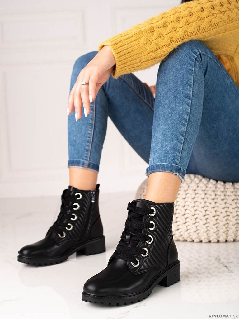 Černé dámské šněrovací kotníkové boty shelovet s prošíváním - Shelovet -  Kotníčkové boty