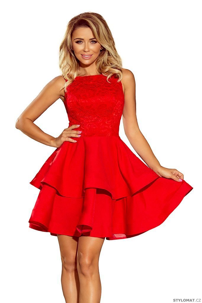 Červené krajkové šaty s dvojitou sukní - Numoco - Krátké společenské šaty