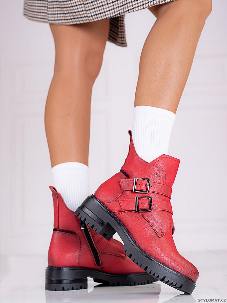 Červené dámské kotníkové boty s přezkami potocki - W. Potocki - Kotníčkové  boty
