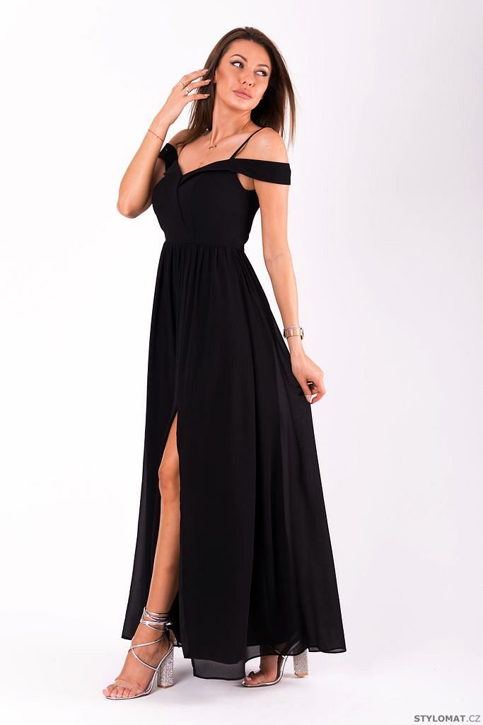 Elegantní šaty se spadlými rameny černé - Eva&Lola - Dlouhé společenské šaty