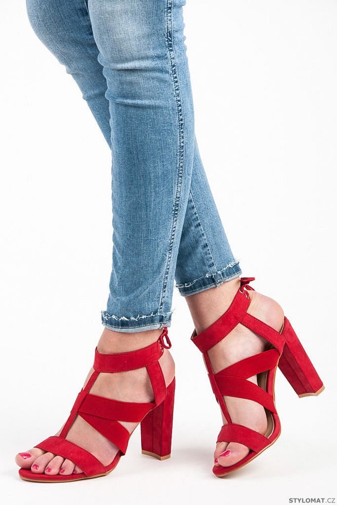 Červené sandály na sloupkovém podpatku - SUPER MODE - Sandále