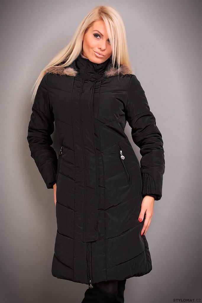 Moderní dámská černá zimní bunda/kabát s kožíškovou kapucí - Redial - Zimní  bundy