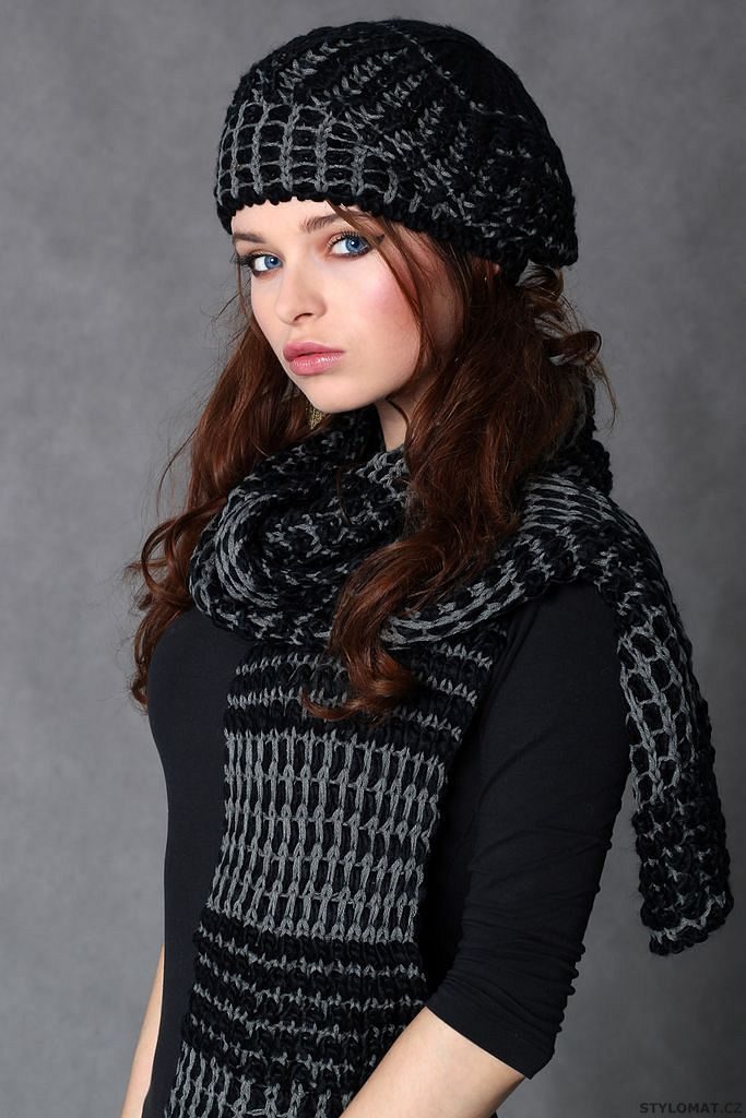 Trendy souprava pletené černé čepice a šály - YNS - Barety, čepice, vlněné  klobouky