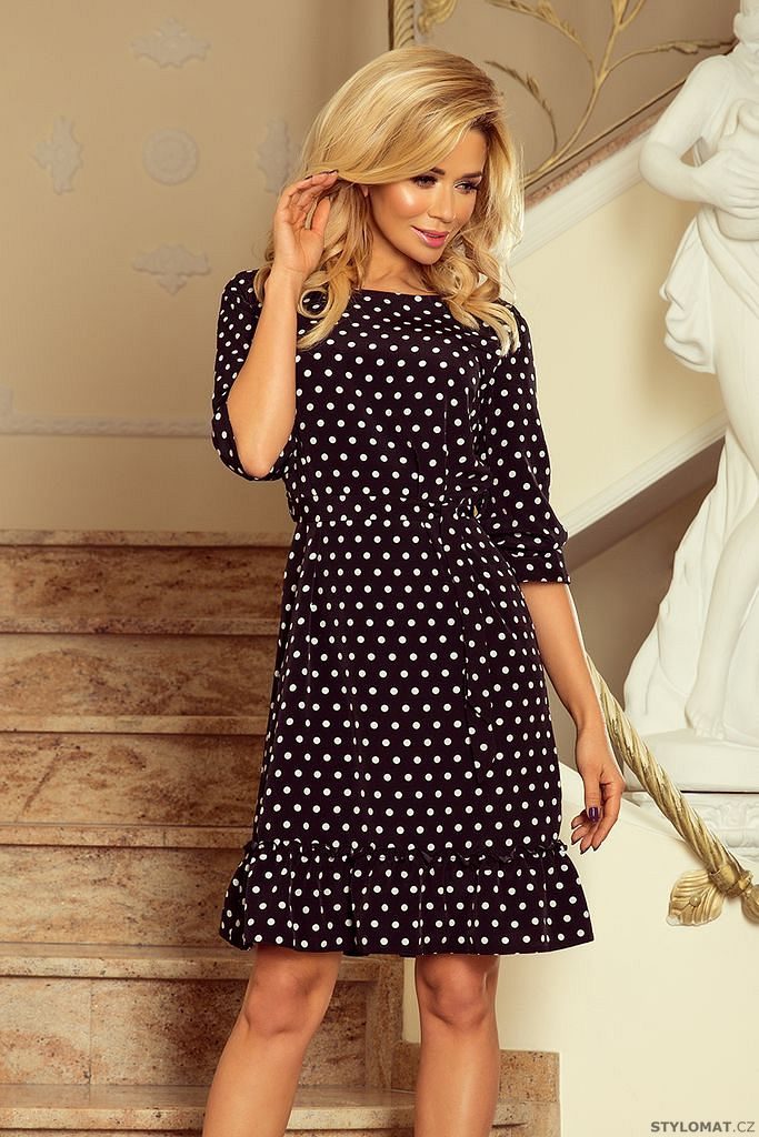 Šaty s volánky a páskem s puntíky černobílé - Numoco - Krátké letní šaty