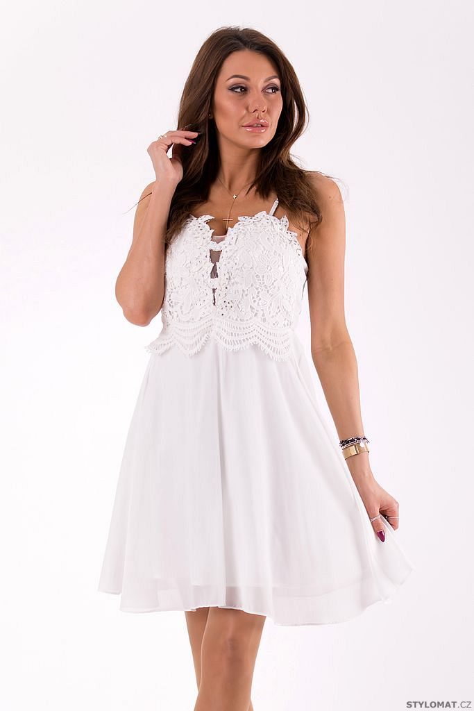 Šaty na ramínka s krajkou bílé - Eva&Lola - Krátké společenské šaty