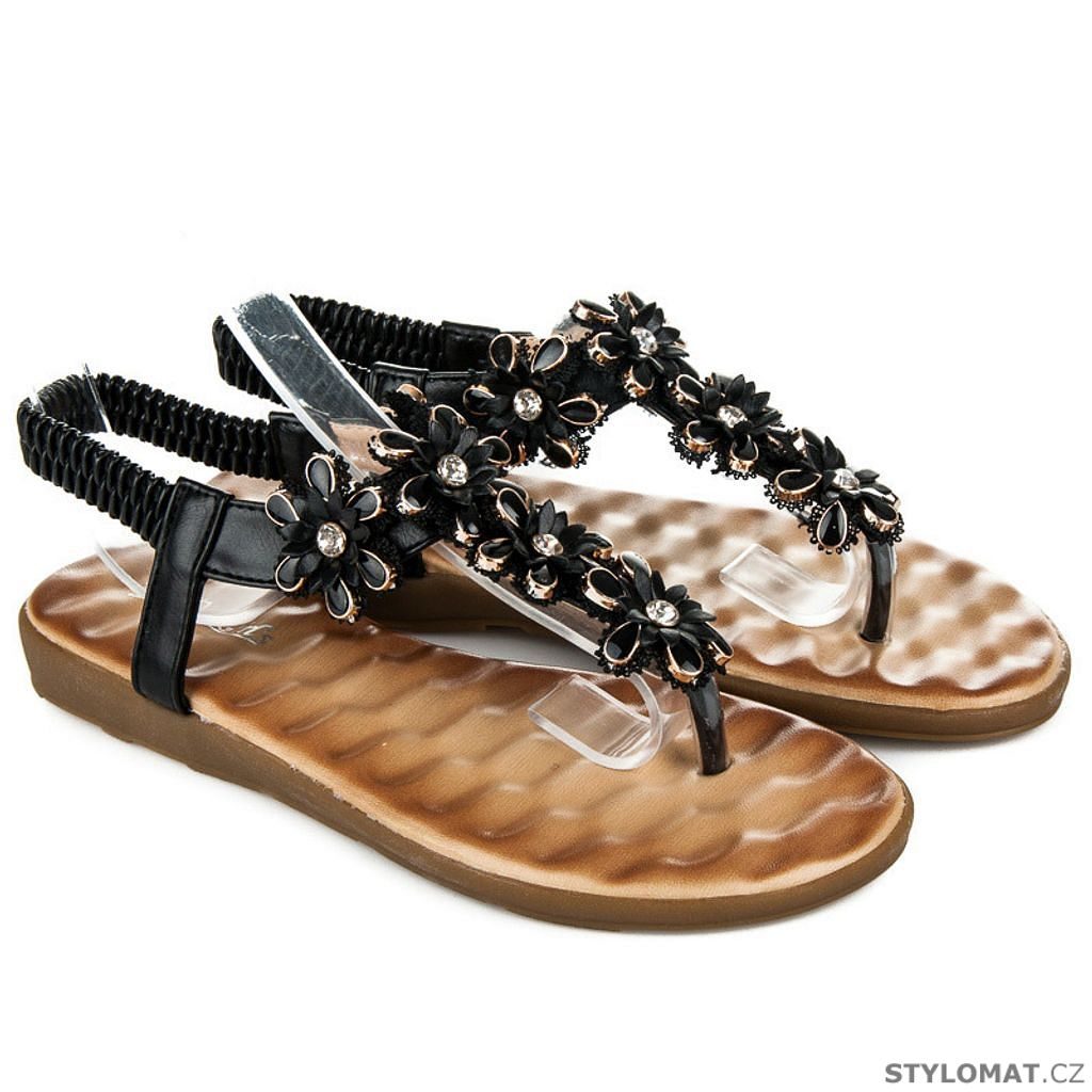 Sandály žabky s květinami černé - Beauty Girls - Sandále