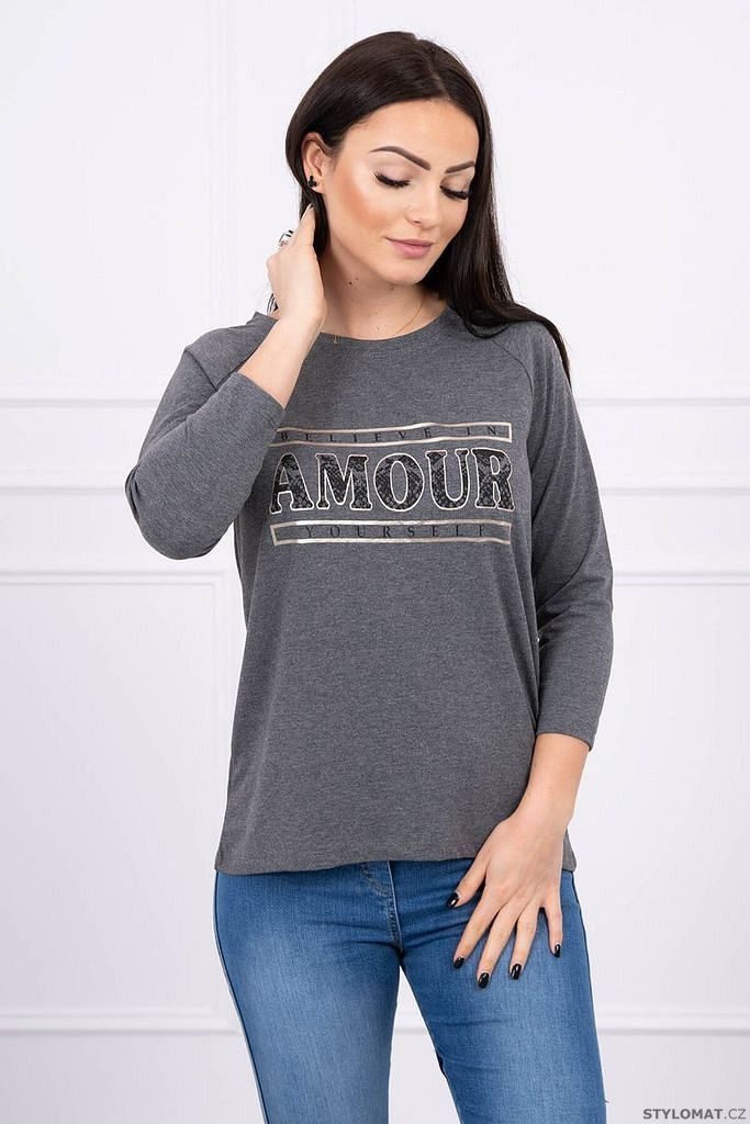 Tričko s nápisem "AMOUR", tmavě šedá S/M - L/XL - Kesi - Trička s dlouhým  rukávem