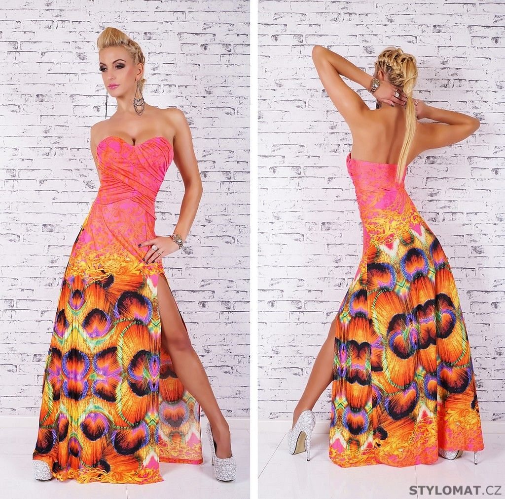 Dámské dlouhé extravagantní oranžové letní šaty - Queen O.F. - Dlouhé  společenské šaty