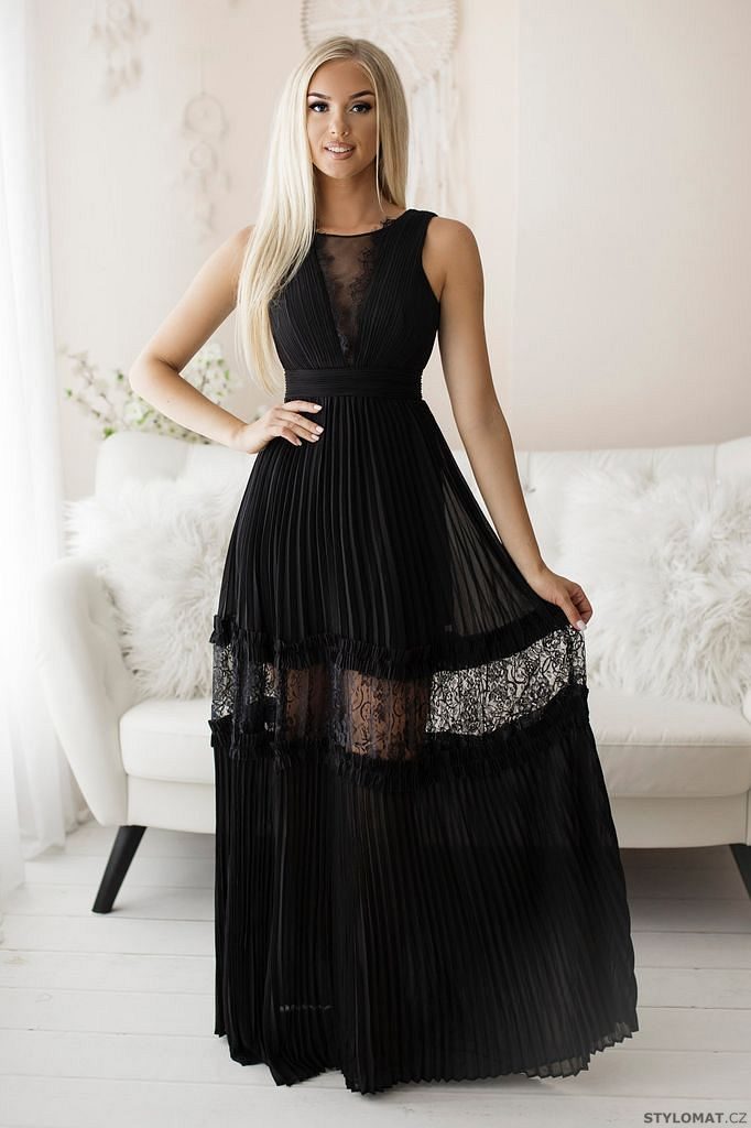 Dlouhé plesové šaty plisované a s ozdobou černé - Eva&Lola - Šaty