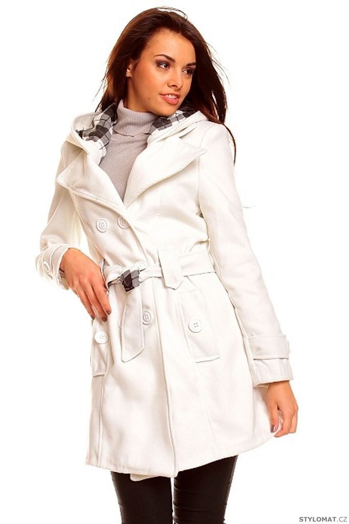 Módní dámský krémově bílý vlněný kabát s kapucí - Redial - Kabáty a kabátky