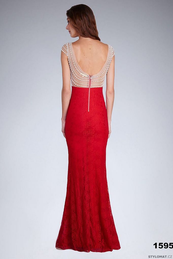 Večerní šaty s perlovou aplikací červené - Soky&Soka - Dlouhé společenské  šaty
