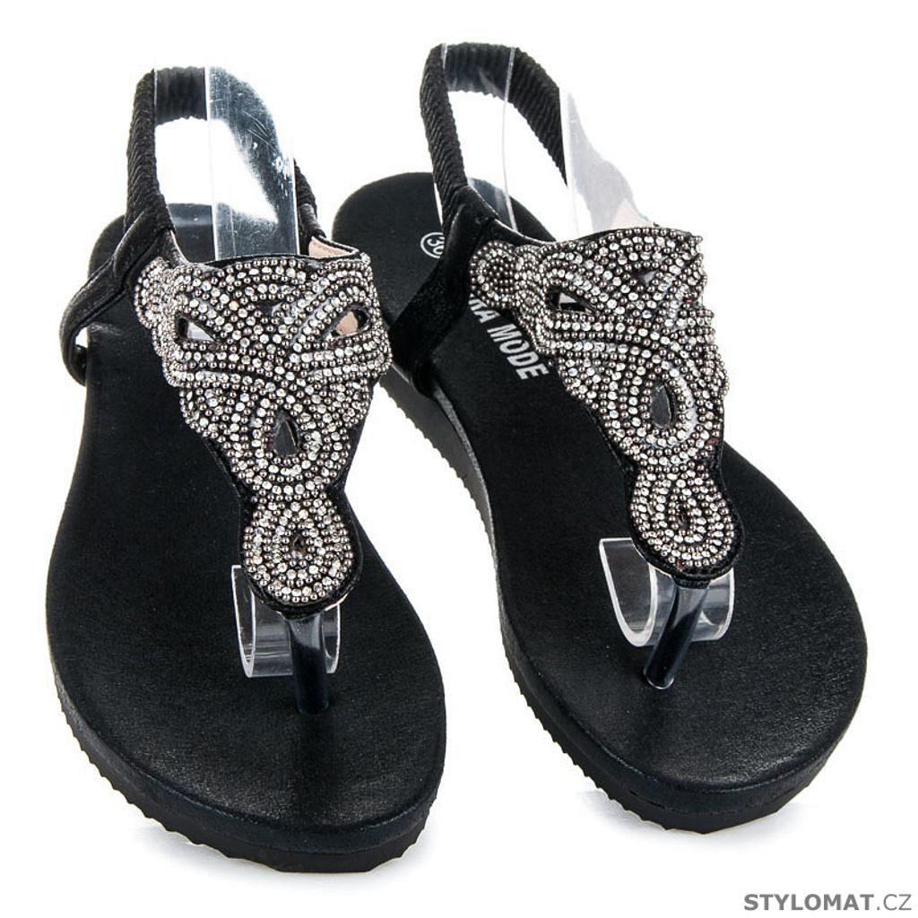 Černé sandály žabky s kamínky - LAURA MODE - Sandále