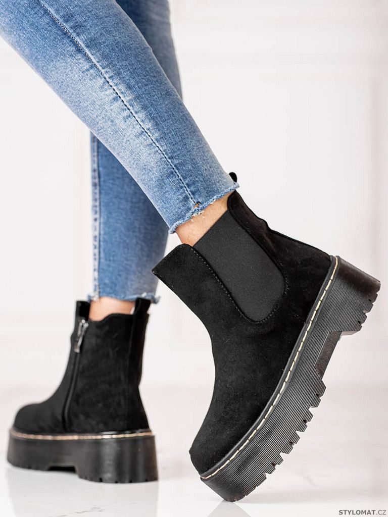Černé dámské boty štibletky na platformě shelovet z eko semiše - Shelovet -  Kotníčkové boty