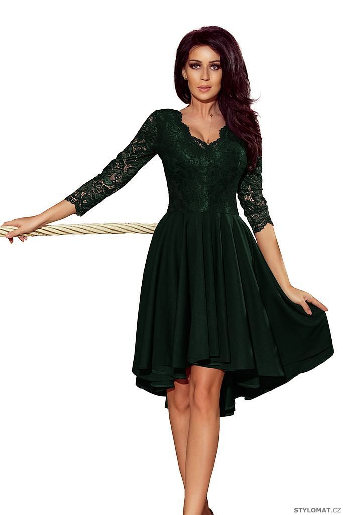Šaty s asymetrickou sukní a krajkovým topem tmavě zelené - Numoco - Šaty do  tanečních