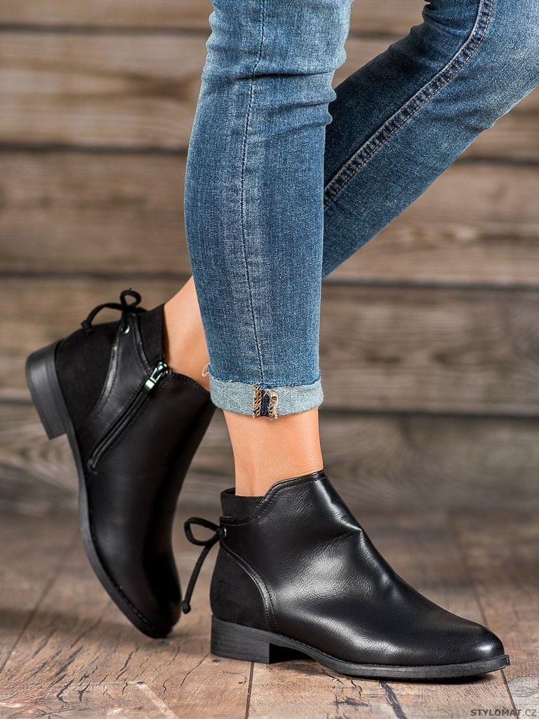 Černé kotníkové boty s mašlí z eko kůže - Abloom - Kotníčkové boty