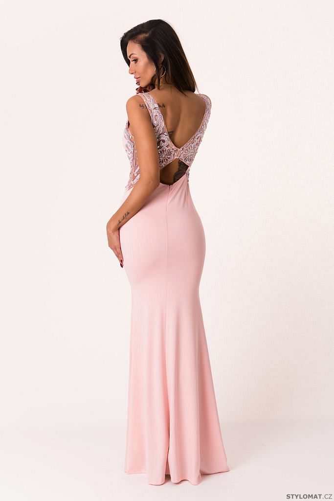 Večerní šaty se zdobenými zády růžové - Soky&Soka - Dlouhé společenské šaty