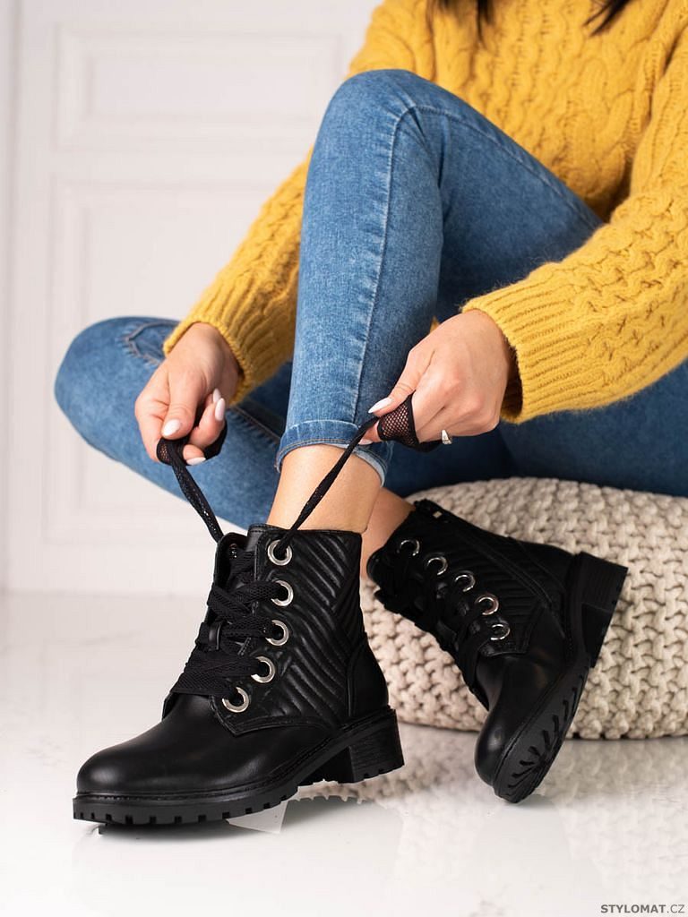 Černé dámské šněrovací kotníkové boty shelovet s prošíváním - Shelovet - Kotníčkové  boty