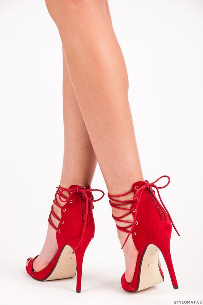 Vázané červené sandály na jehlovém podpatku - IDEAL - Sandále