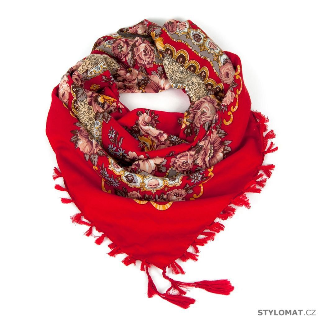 Folkový šátek s květy červený - Art of Polo - Dámské šátky a šály
