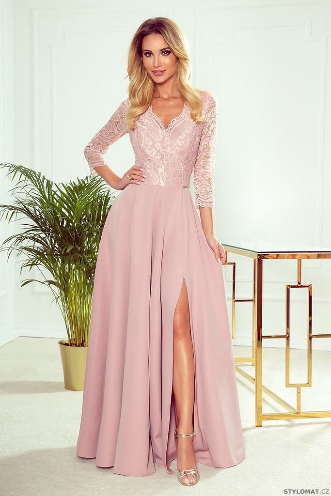 Amber elegantní krajkové dlouhé šaty s výstřihem - růžové - Numoco - Krátké společenské  šaty