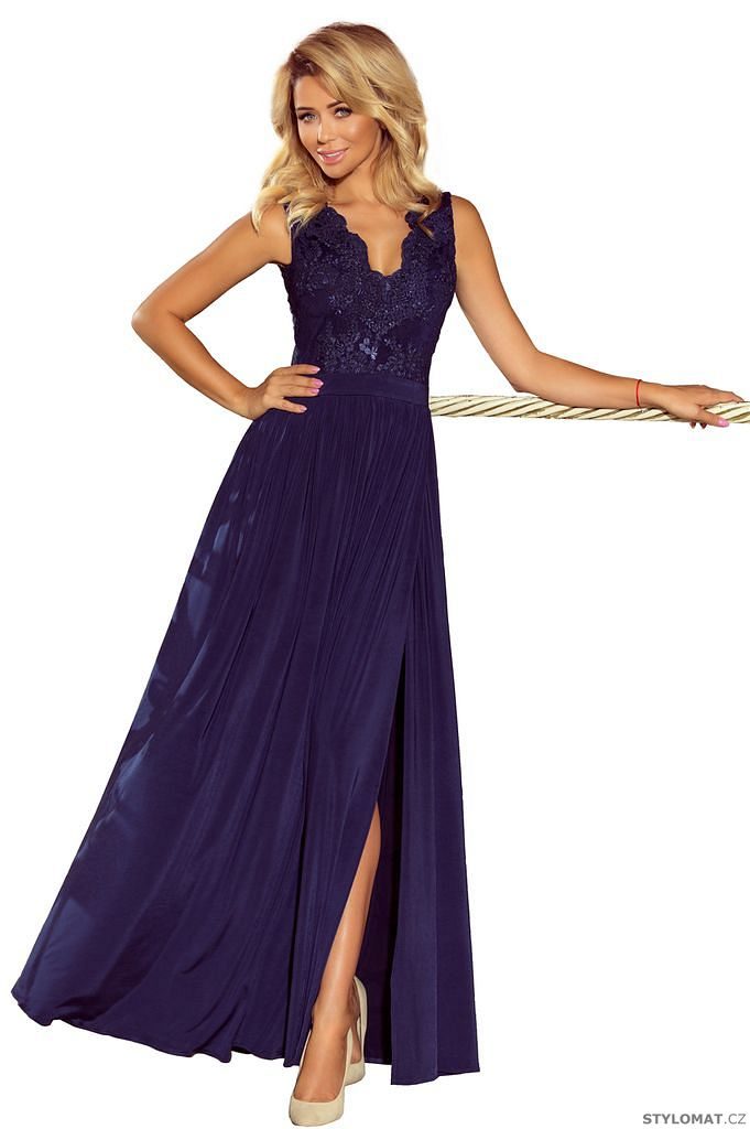Maxi šaty bez rukávů s vyšívaným výstřihem tmavě modré - Numoco - Dlouhé  společenské šaty