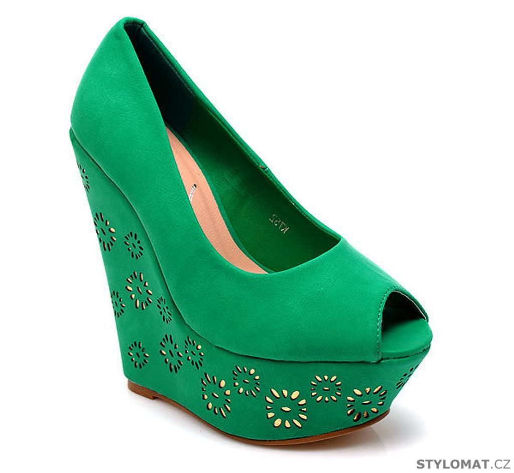 Zelené boty na klínu s květinami - SINLY - Lodičky