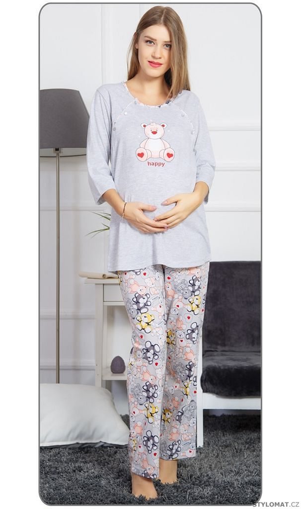 Dámské pyžamo dlouhé mateřské Méďa Happy barva šedá - Vienetta Secret - Pro  těhotné