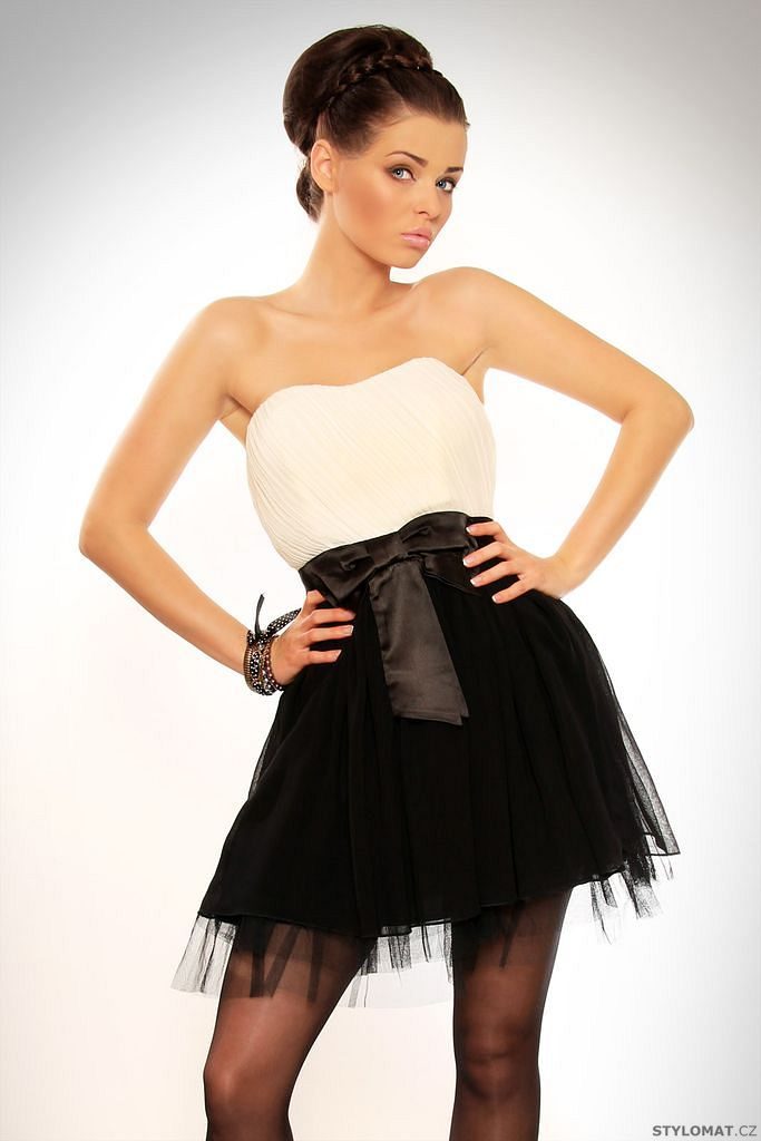 Dámské elegantní černo-bílé krátké tylové šaty s mašlí - Drole le Copine -  Party a koktejlové šaty
