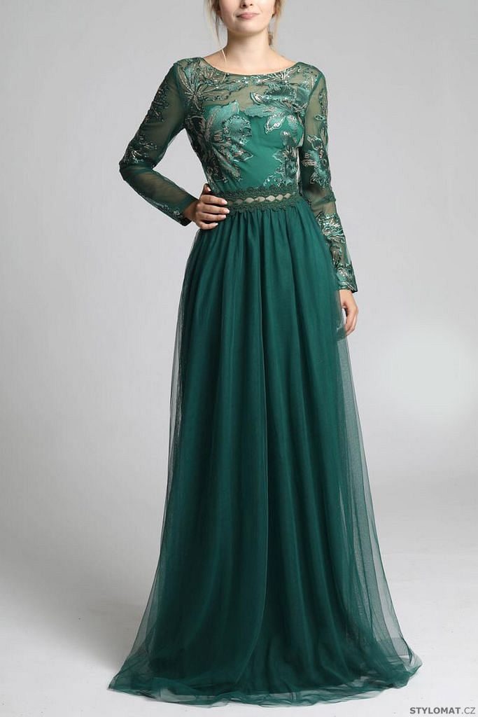 Večerní šaty s dlouhými rukávy zelené - Soky&Soka - Dlouhé společenské šaty