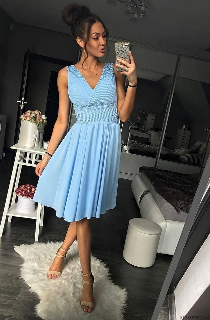 Dámské pastelově modré koktejlky - Eva&Lola - Krátké společenské šaty