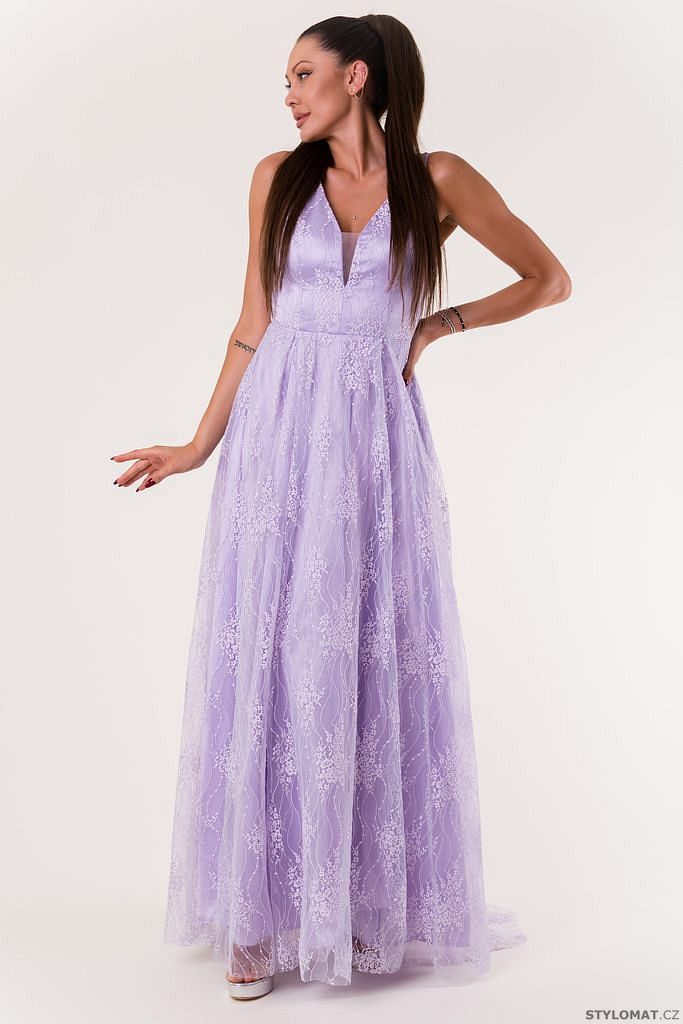 Světle fialové šaty s krajkou - Eva&Lola - Dlouhé společenské šaty