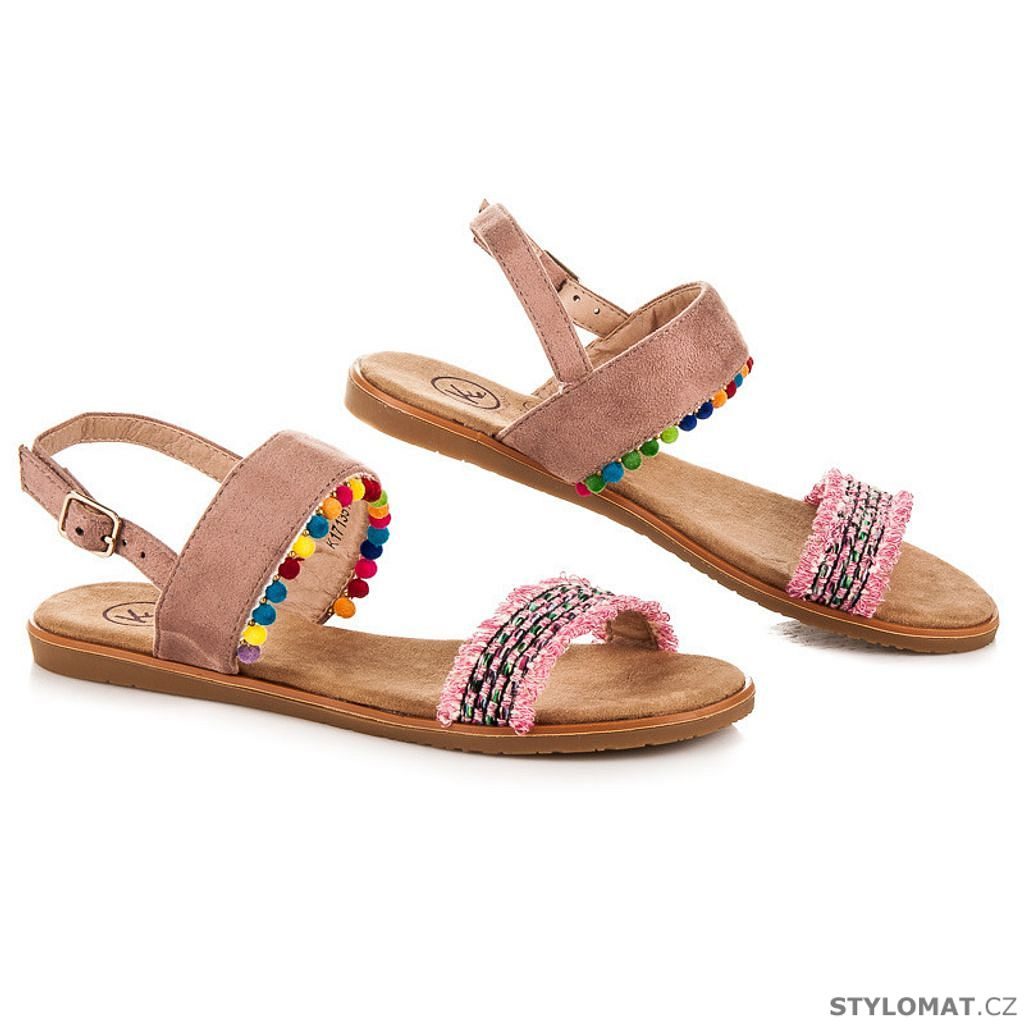 Hnědé ploché sandály s bambulkami - Kylie - Sandále