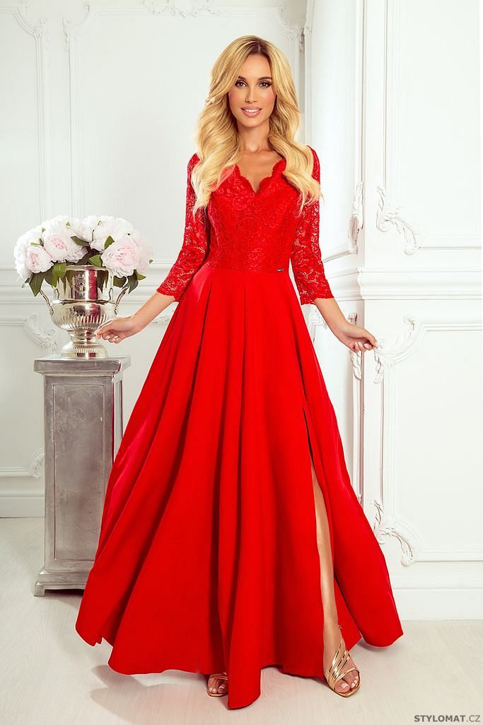 Amber dlouhé elegantní krajkové šaty s výstřihem, červená - Numoco - Dlouhé  společenské šaty