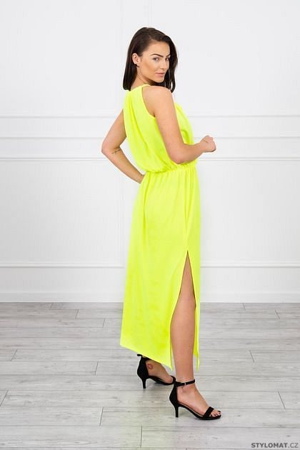 Boho šaty s rozparkem, neonově žlutá - Kesi - Minišaty