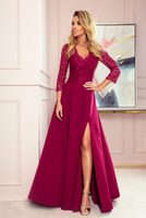 Amber elegantní krajkové dlouhé šaty s výstřihem - vínové