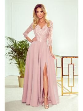 Amber elegantní krajkové dlouhé šaty s výstřihem - růžové