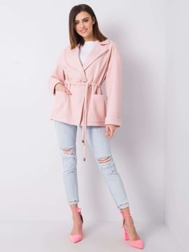 Světle růžový dámský kabát s vázáním