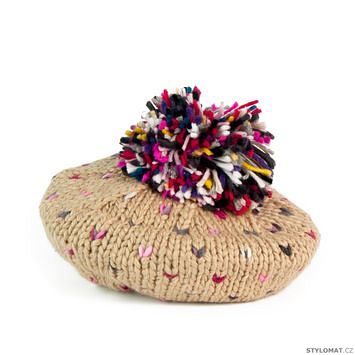 Béžová čepice - baret s barevnou bambulí
