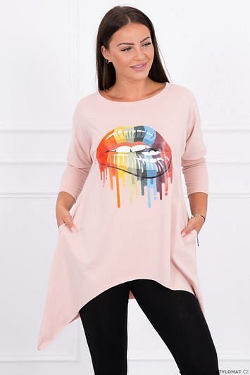 Tričko s potiskem duhových rtů, oversized, světle růžová