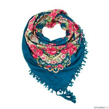 Folkový šátek s květy modrý