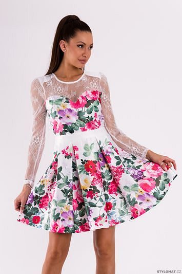 Květinové šaty s krajkovým topem a rukávy - Soky&Soka - Krátké letní šaty
