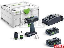 Bezuhlíková aku vrtačka bez příklepu Festool T 18+3 HPC 4,0 I-Plus - 2x 18V/4.0Ah, 50Nm, 2 rychl., kufr Systainer (576446)