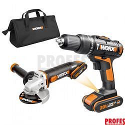WX963 - Aku vrtačka s příklepem a aku úhlová bruska 20V, 2x 2.0Ah - Powershare