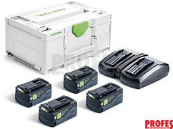 Napájecí sada Festool SYS 18V 4x5,0/TCL 6 DUO: 4× aku 18V/5.0Ah + TCL 6 DUO + Systainer SYS3 M 187 (577709)